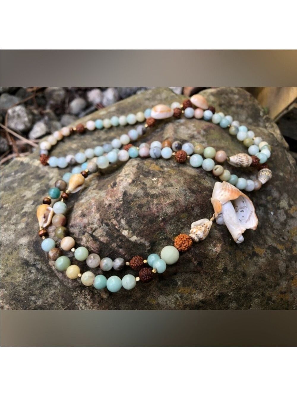 Artisan Hand Crafted Amazonite Stone Shell and Rhudraksha Seed Mala 108 Beads 📿
